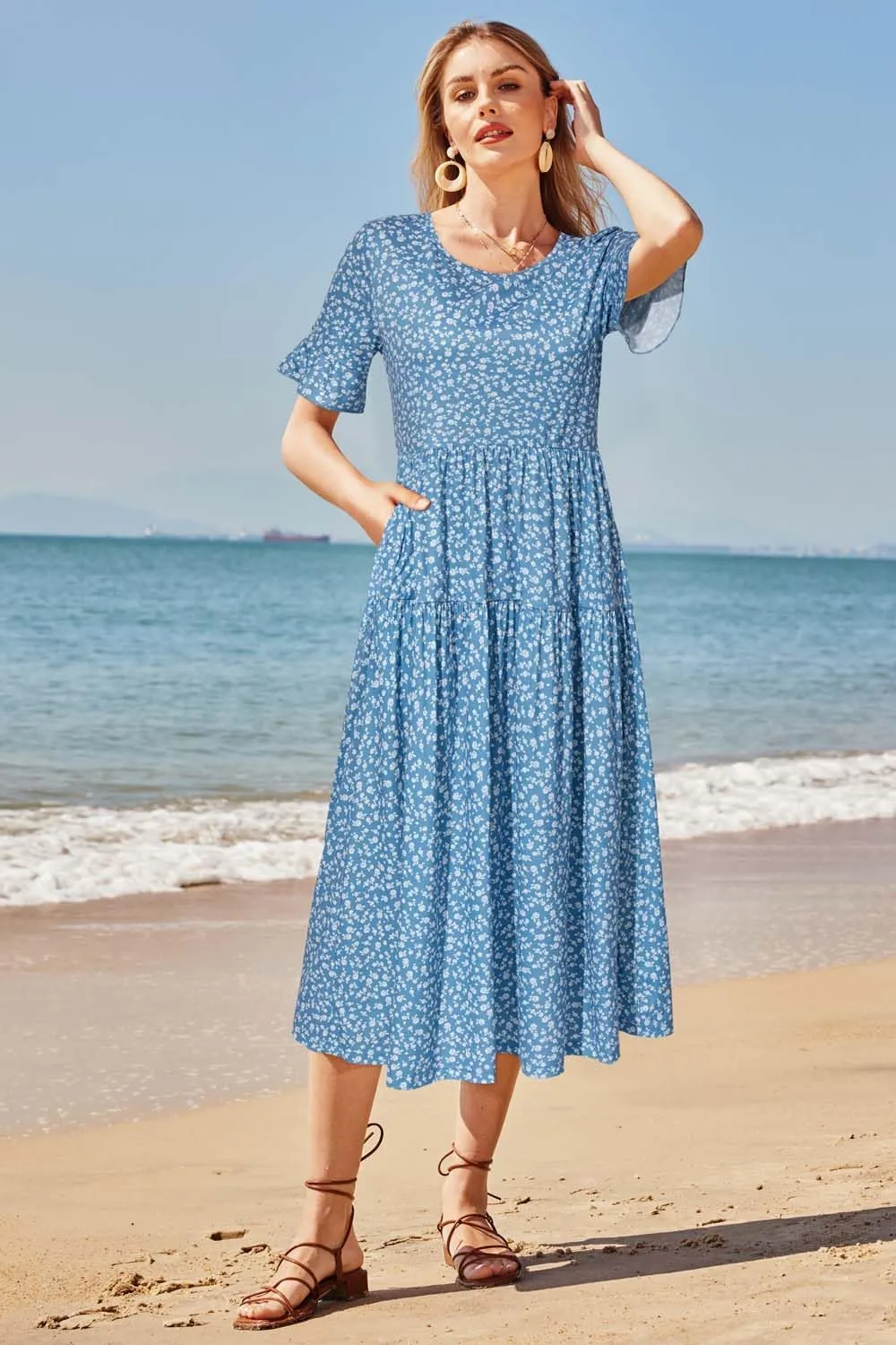 STYLEWORD Women's Summer 2025 Casual Short Sleeve Tiered Flowy Spring Dress Long Midi Beach Sundress Vacation Outfits