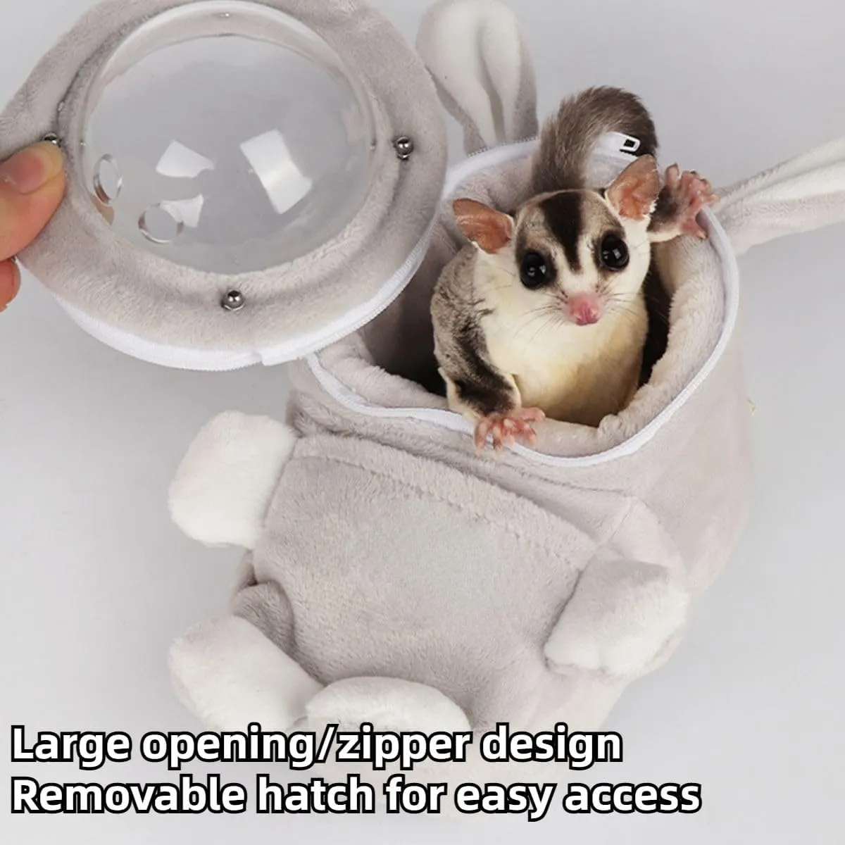 Sugar Glider Bonding Pouch Bonding Pouch Carry for Rat Syrian Hamster Hedgehog Small Pocket Pets, Gerbil Travel Bag Cute Bunny-Shaped Outing Bag with Large Transparent Window (Grey,Small)