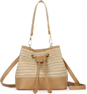 SUKUTU Straw Drawstring Shoulder Bag Bucket Bag for Women Summer Handwoven Beach Vacation Handbag Crossbody Bag