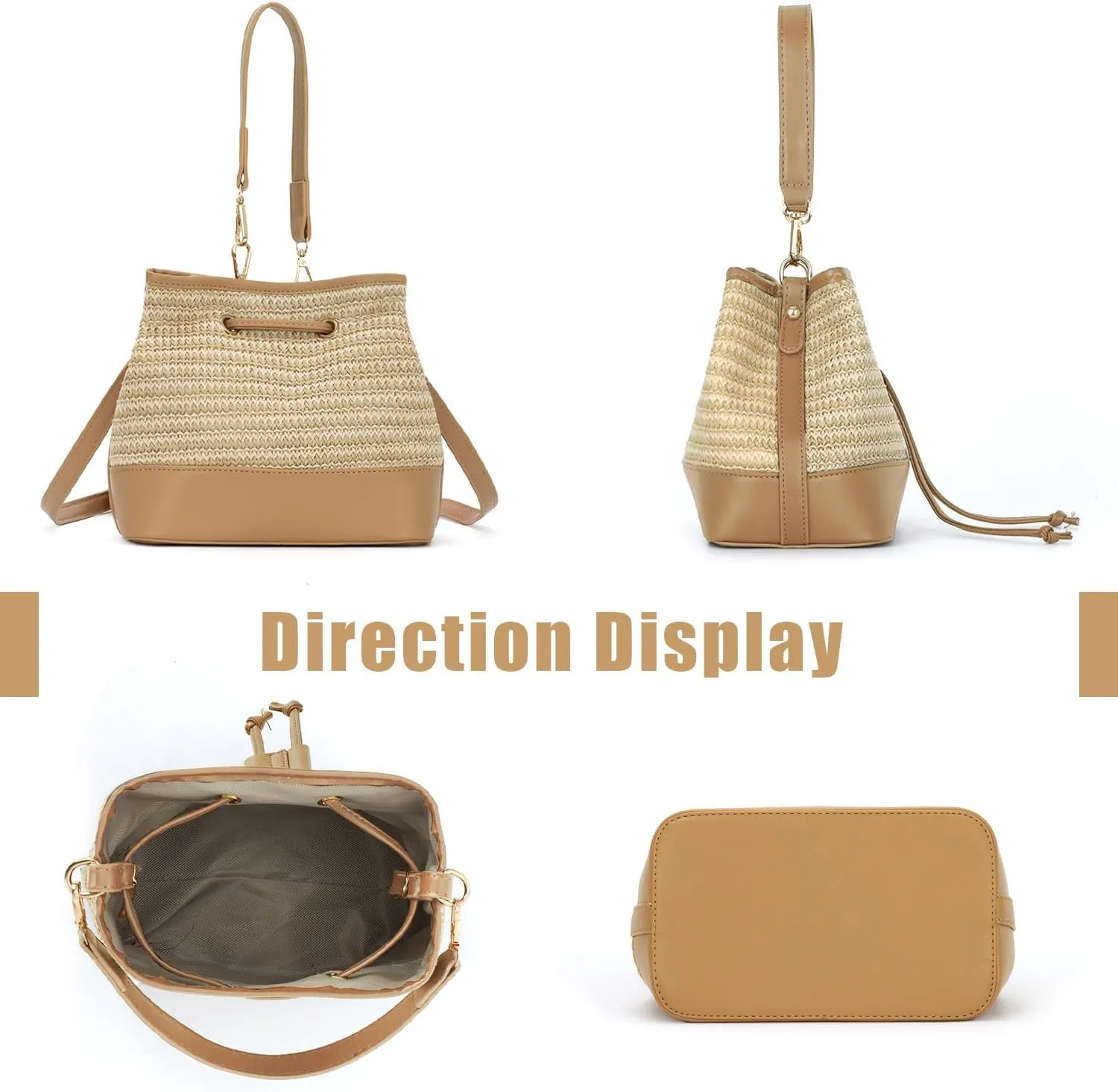 SUKUTU Straw Drawstring Shoulder Bag Bucket Bag for Women Summer Handwoven Beach Vacation Handbag Crossbody Bag