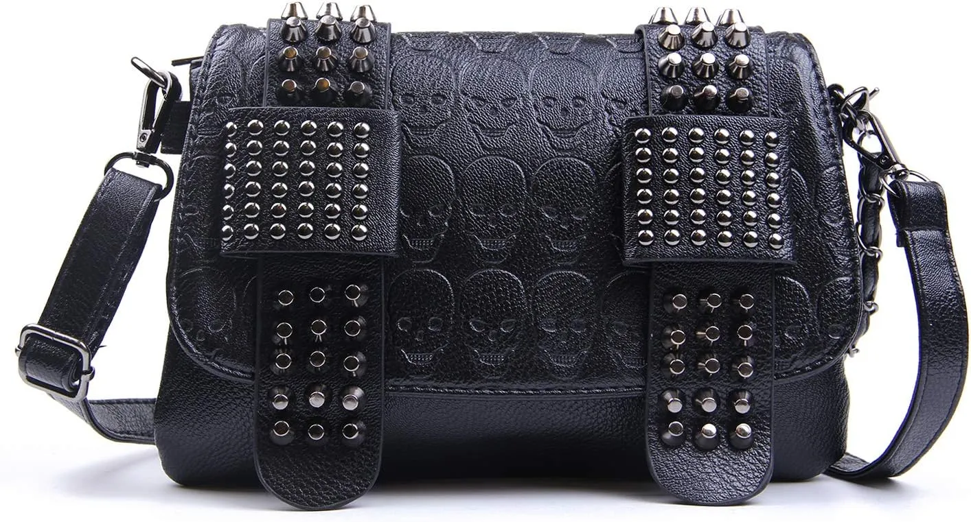 SUKUTU Womens Punk Skull Rivet Shoulder Bag PU Leather Goth Crossbody Bag with Chain Wallet Purse for Girls