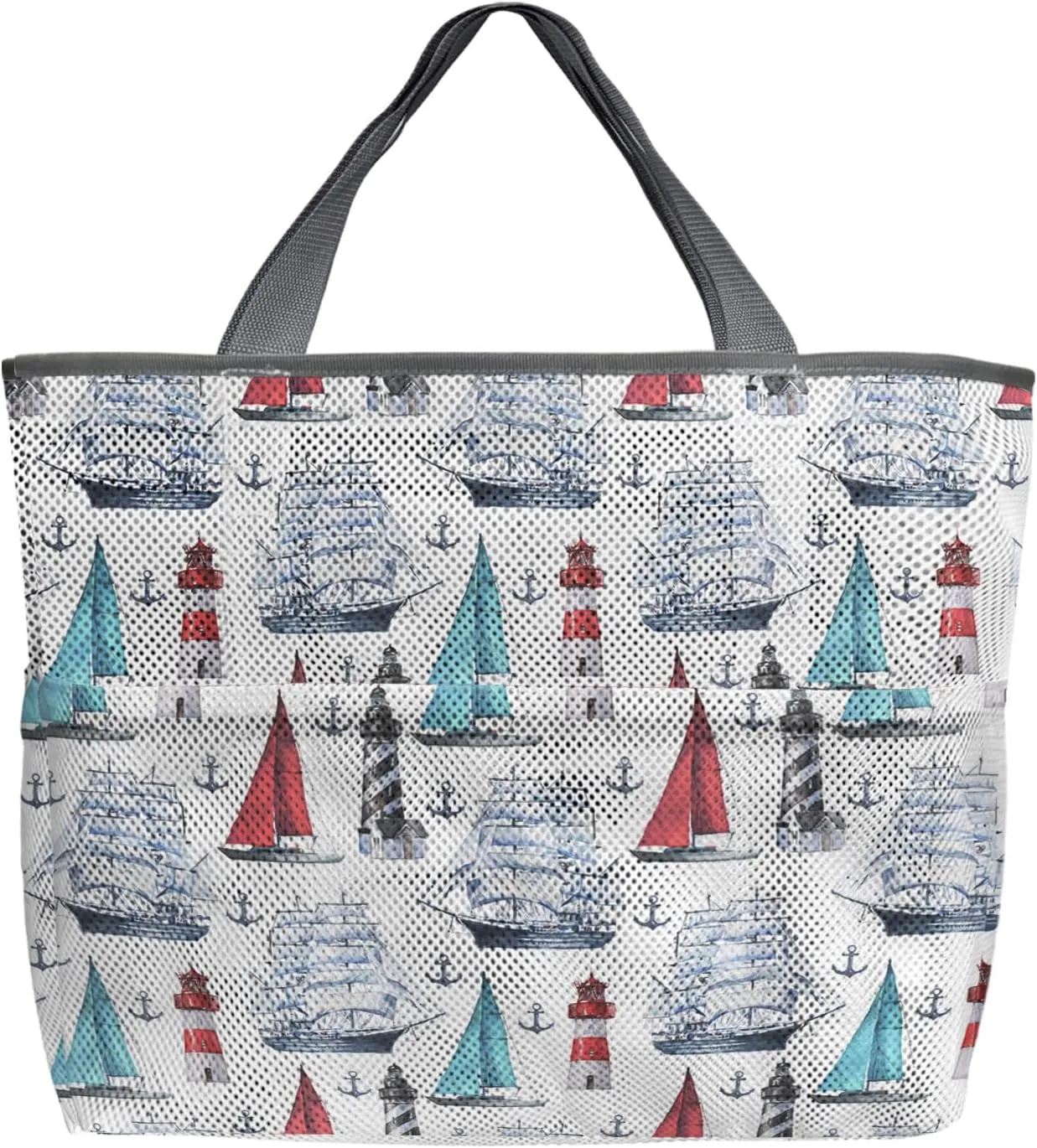 Summer Beach Beach Tote Bag for Women, Nautical Coastal Ocean Sail Lighthouse Mesh Beach Bags Waterproof Sandproof, Outdoor Picnic Swim Pool Handbag - Large Beach Bag with Zipper and Pockets