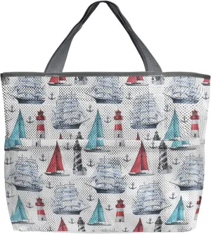 Summer Beach Beach Tote Bag for Women, Nautical Coastal Ocean Sail Lighthouse Mesh Beach Bags Waterproof Sandproof, Outdoor Picnic Swim Pool Handbag - Large Beach Bag with Zipper and Pockets