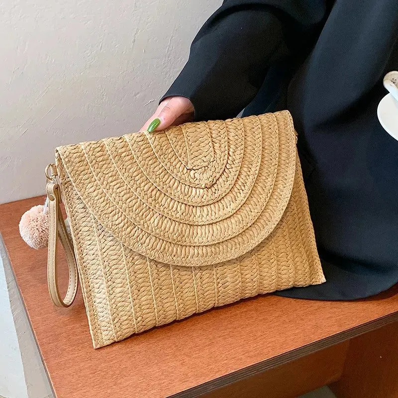 Summer Straw Clutch Bag with Cute Pendant