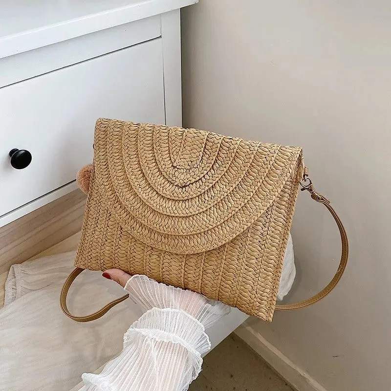 Summer Straw Clutch Bag with Cute Pendant