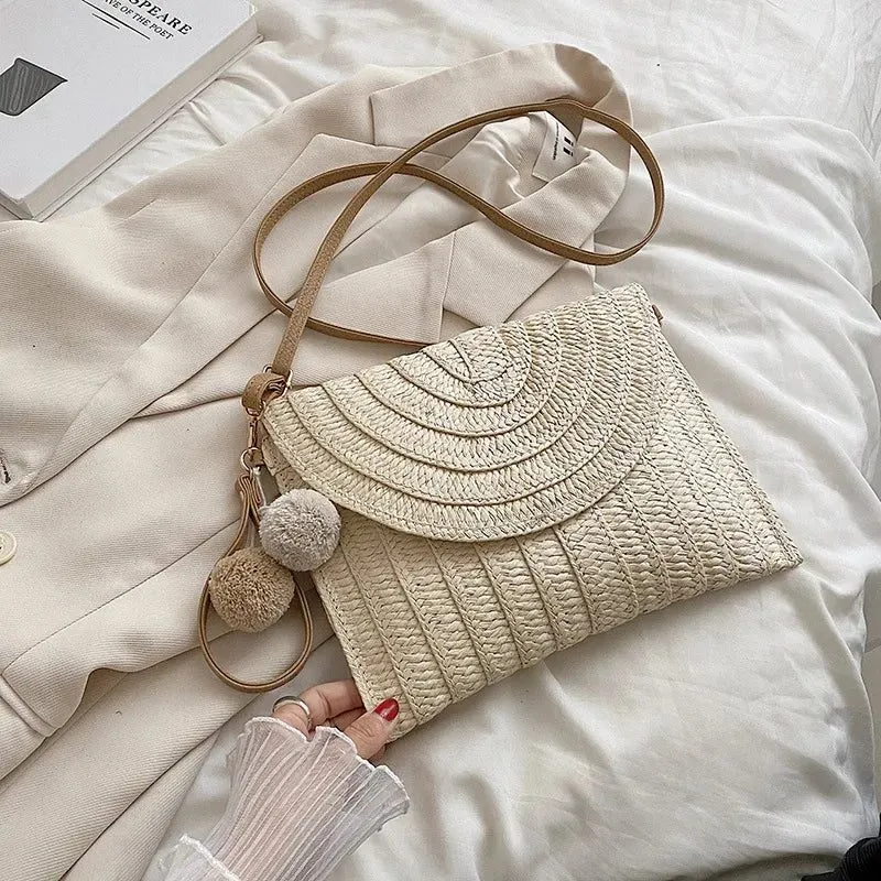 Summer Straw Clutch Bag with Cute Pendant