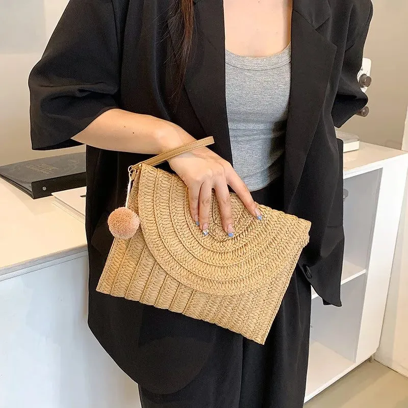 Summer Straw Clutch Bag with Cute Pendant