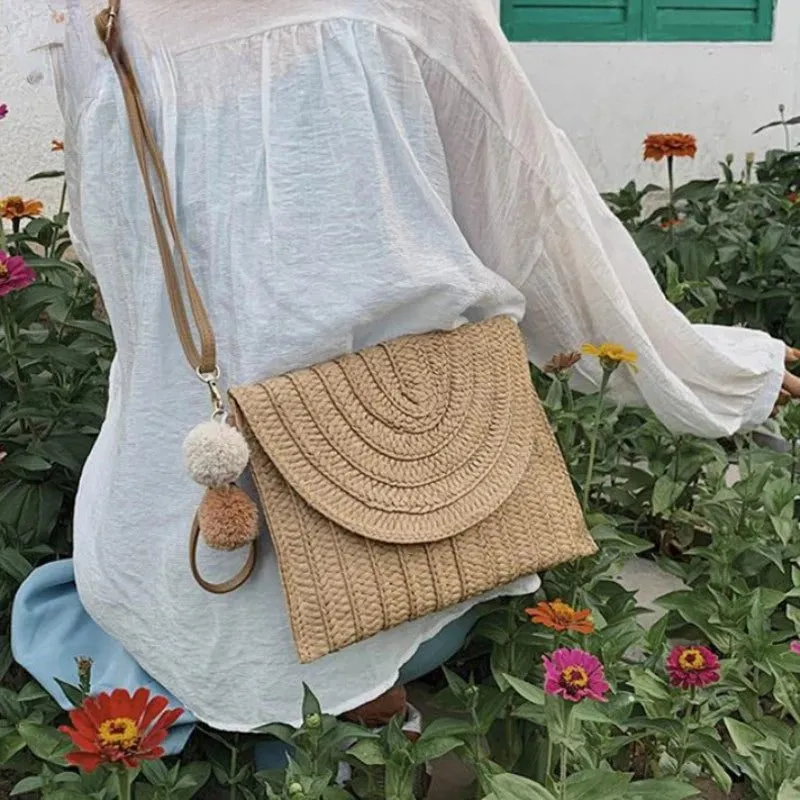Summer Straw Clutch Bag with Cute Pendant