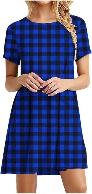 Sun Dresses for Women 2025 Vacation Vintage Plaid Midi Dresses Casual Crew Neck Short Sleeve Boho Beach Mini Dress