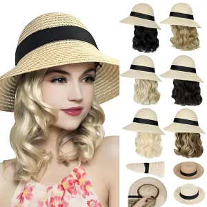 Sun Hat, Straw Hat Wig Detachable Adjustable Cap with 12 Inch Synthetic Wavy Hair Extensions Foldable for Women Summer Beach Outdoors Ash Blonde Mix Bleach Blonde