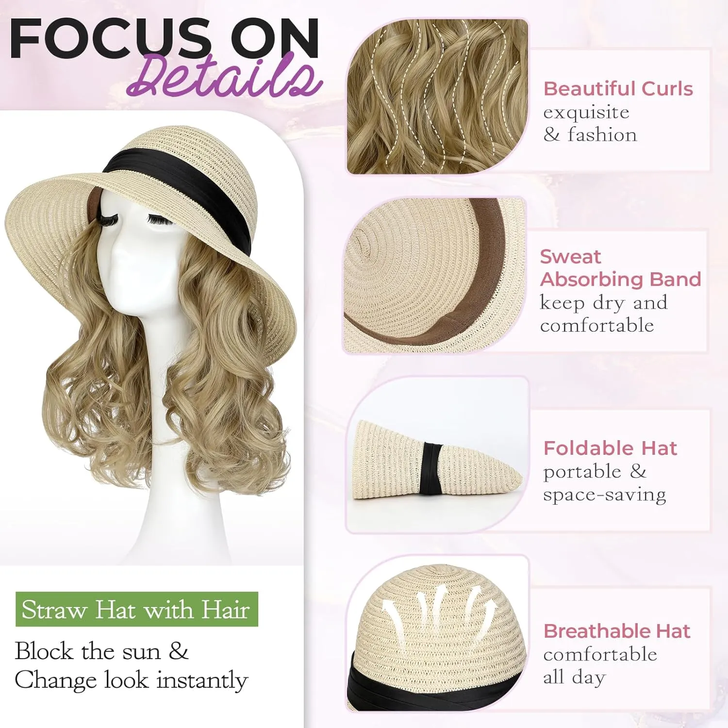 Sun Hat, Straw Hat Wig Detachable Adjustable Cap with 12 Inch Synthetic Wavy Hair Extensions Foldable for Women Summer Beach Outdoors Ash Blonde