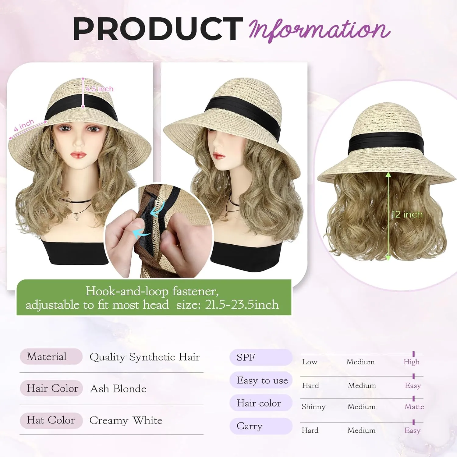Sun Hat, Straw Hat Wig Detachable Adjustable Cap with 12 Inch Synthetic Wavy Hair Extensions Foldable for Women Summer Beach Outdoors Ash Blonde