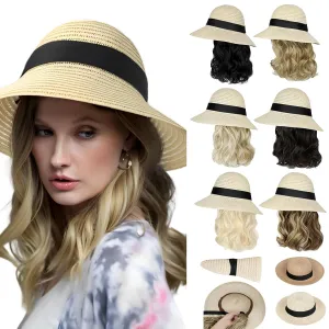 Sun Hat, Straw Hat Wig Detachable Adjustable Cap with 12 Inch Synthetic Wavy Hair Extensions Foldable for Women Summer Beach Outdoors Ash Blonde