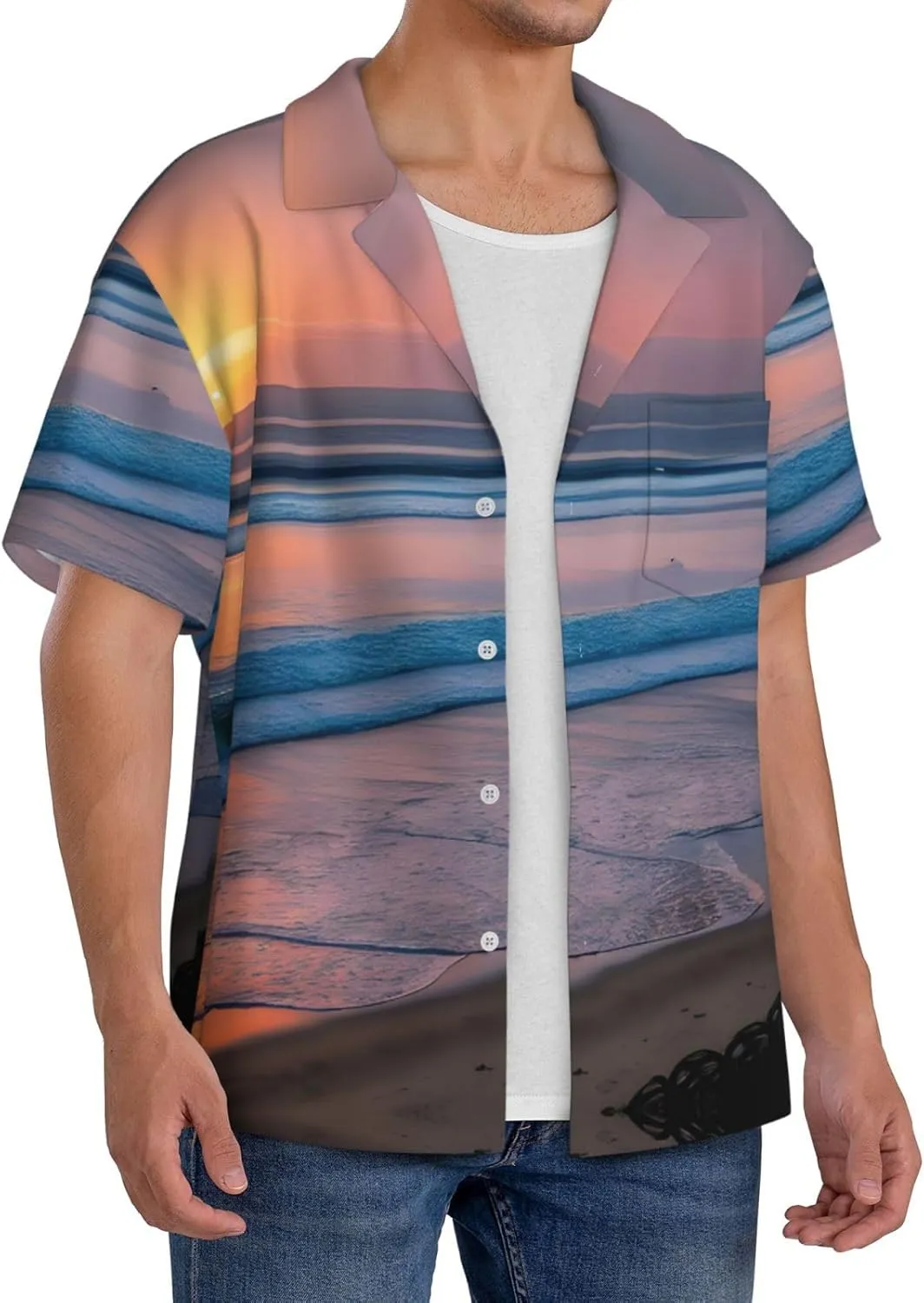 Sunset Beach Printing Men's Fashion Summer Short Sleeve Button Shirt with Pocket,S-4xl Cuban Shirt Hawaiian Shirt