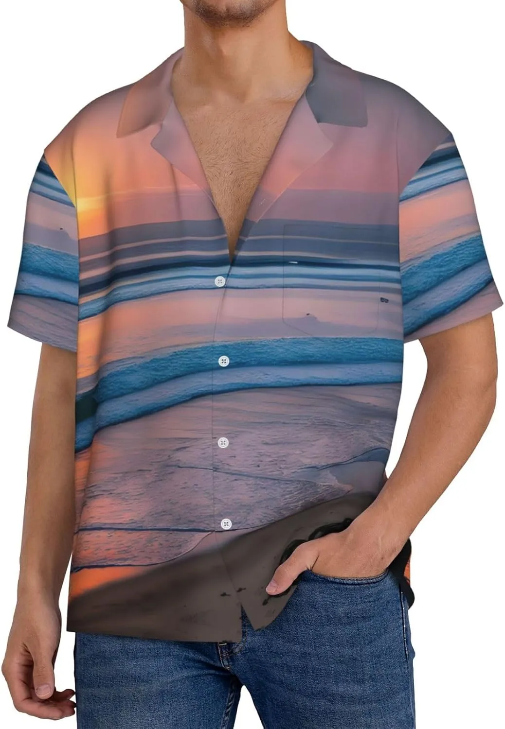 Sunset Beach Printing Men's Fashion Summer Short Sleeve Button Shirt with Pocket,S-4xl Cuban Shirt Hawaiian Shirt