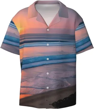 Sunset Beach Printing Men's Fashion Summer Short Sleeve Button Shirt with Pocket,S-4xl Cuban Shirt Hawaiian Shirt