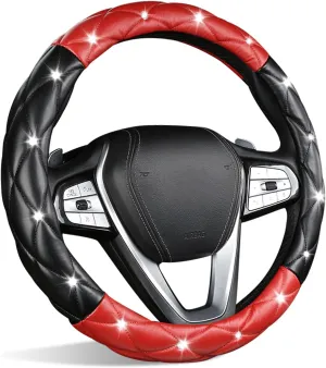 SuperKaKa Black and Red Steering Wheel Cover, Auto Diamond Style Cute Bling Comfort Car Interior Accessories Protector Sparkly Fit Most O-Shaped Steering Wheels