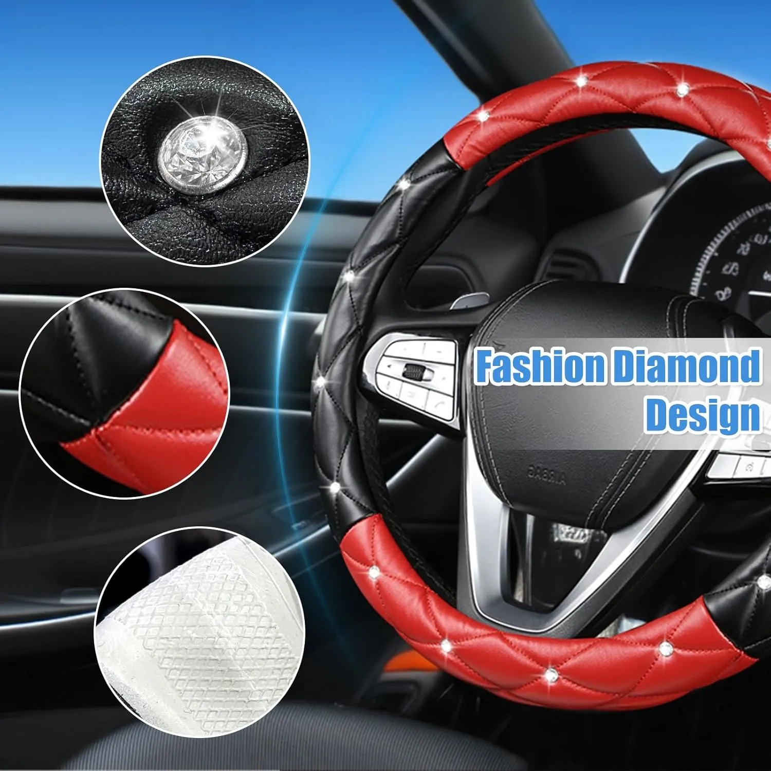 SuperKaKa Black and Red Steering Wheel Cover, Auto Diamond Style Cute Bling Comfort Car Interior Accessories Protector Sparkly Fit Most O-Shaped Steering Wheels