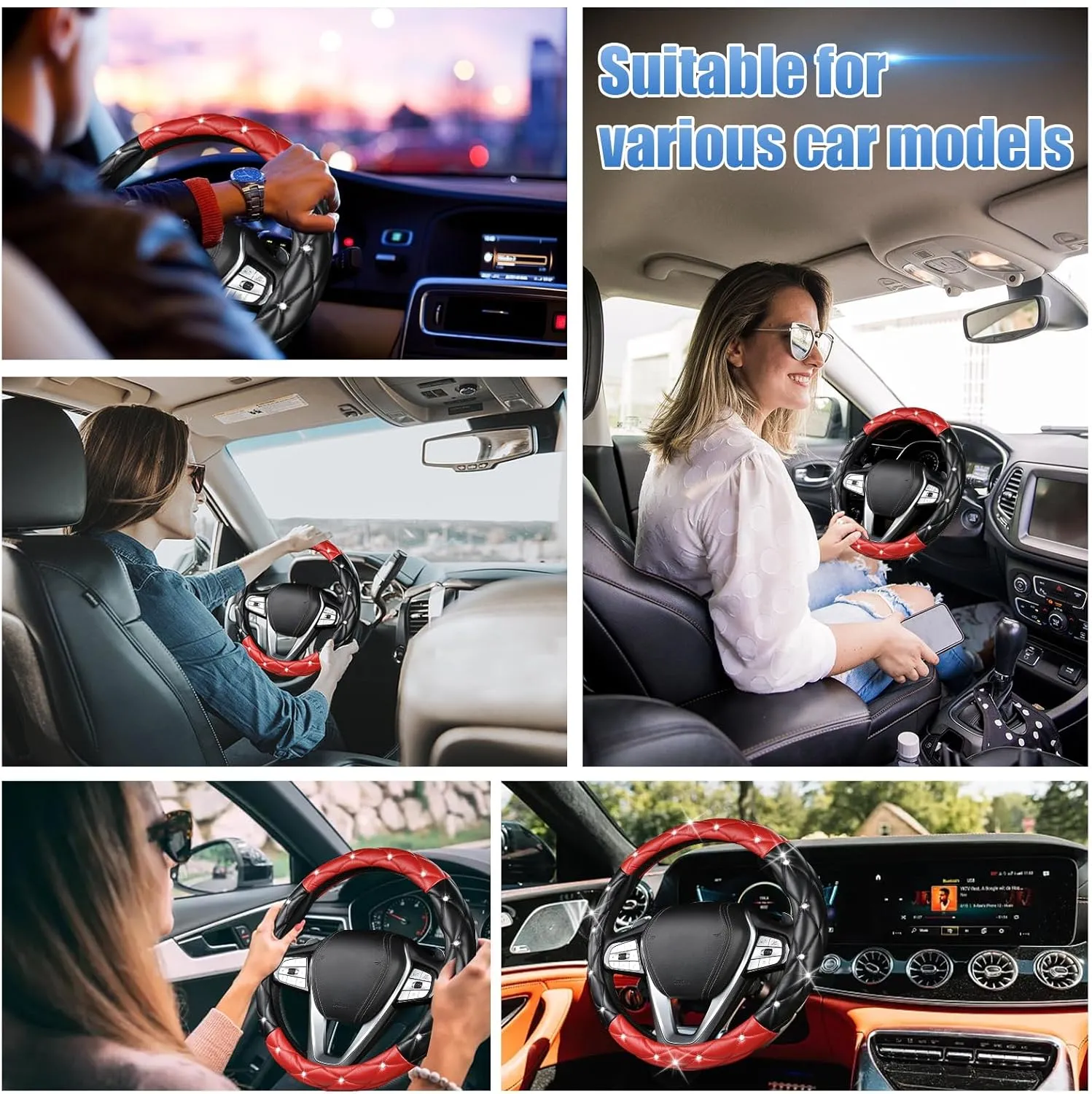 SuperKaKa Black and Red Steering Wheel Cover, Auto Diamond Style Cute Bling Comfort Car Interior Accessories Protector Sparkly Fit Most O-Shaped Steering Wheels