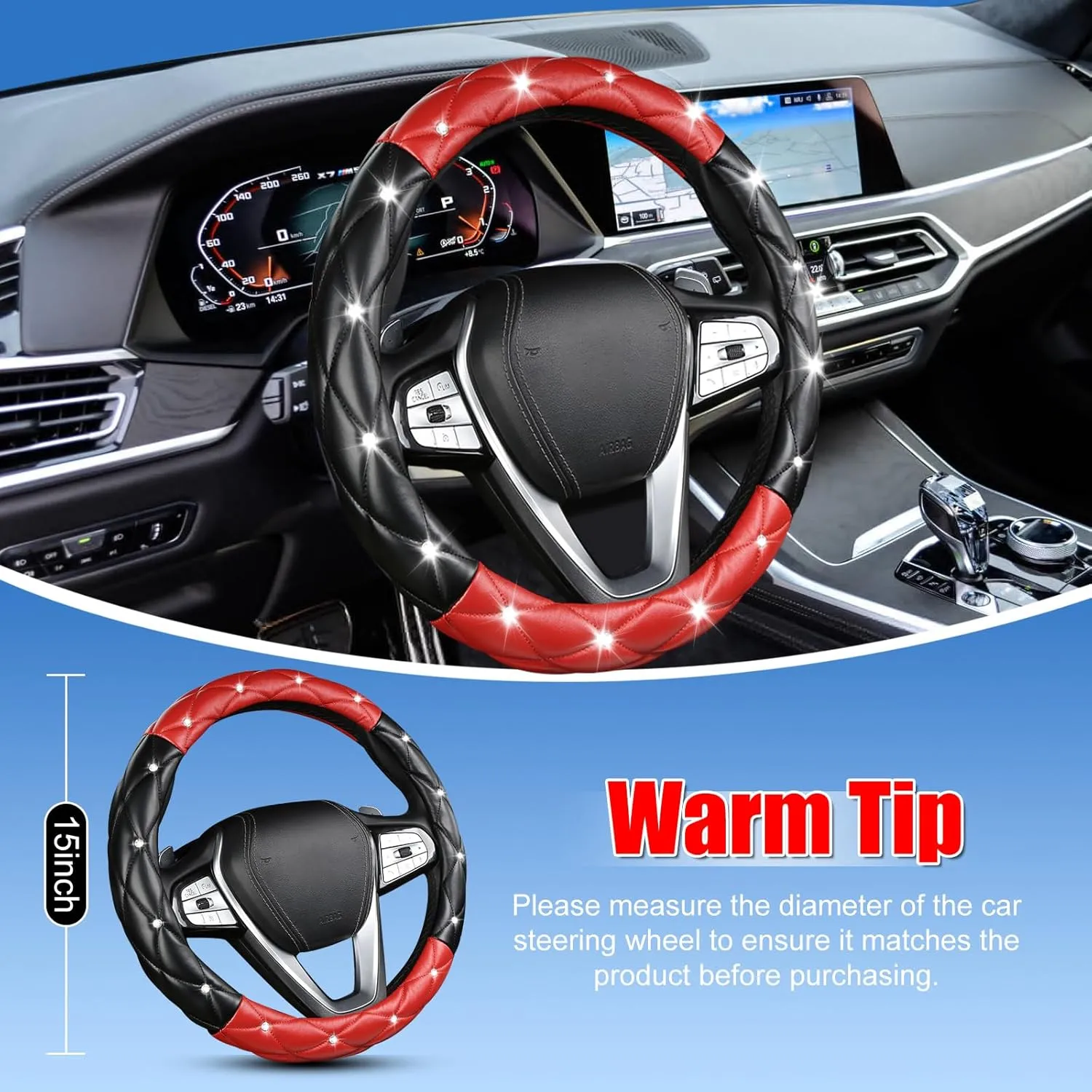 SuperKaKa Black and Red Steering Wheel Cover, Auto Diamond Style Cute Bling Comfort Car Interior Accessories Protector Sparkly Fit Most O-Shaped Steering Wheels
