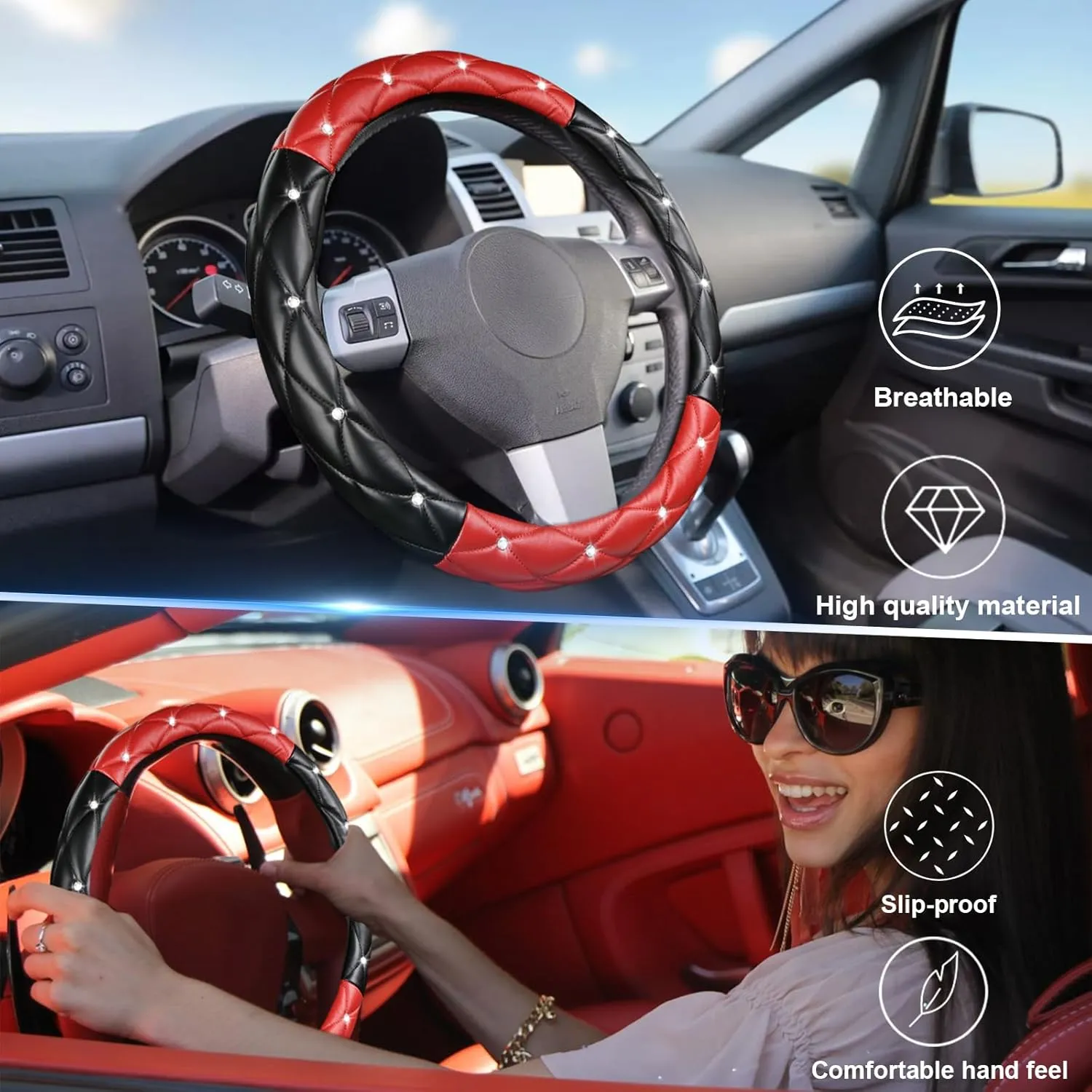 SuperKaKa Black and Red Steering Wheel Cover, Auto Diamond Style Cute Bling Comfort Car Interior Accessories Protector Sparkly Fit Most O-Shaped Steering Wheels