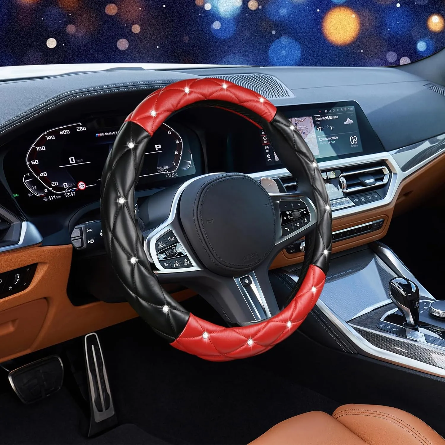 SuperKaKa Black and Red Steering Wheel Cover, Auto Diamond Style Cute Bling Comfort Car Interior Accessories Protector Sparkly Fit Most O-Shaped Steering Wheels