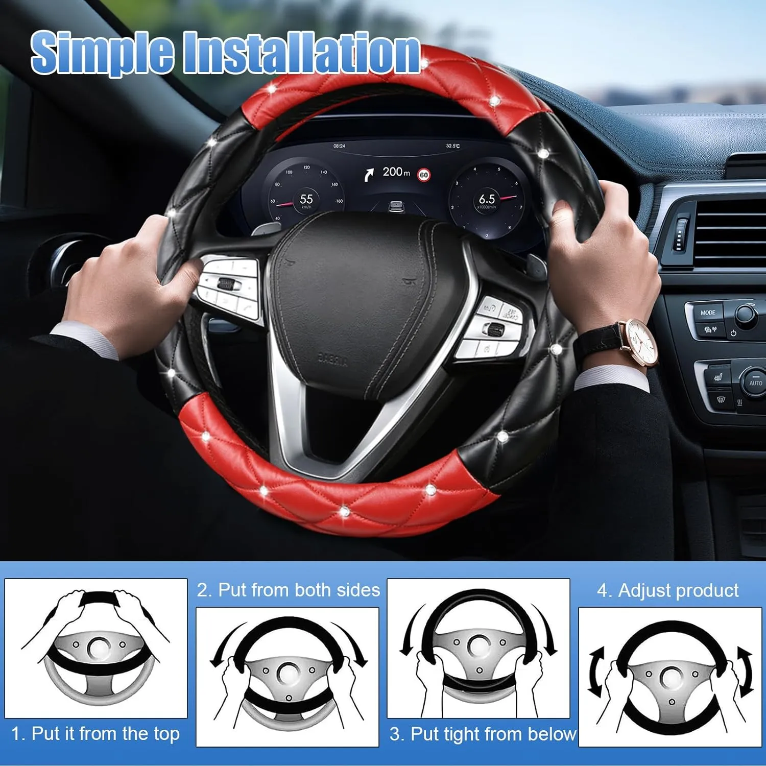 SuperKaKa Black and Red Steering Wheel Cover, Auto Diamond Style Cute Bling Comfort Car Interior Accessories Protector Sparkly Fit Most O-Shaped Steering Wheels