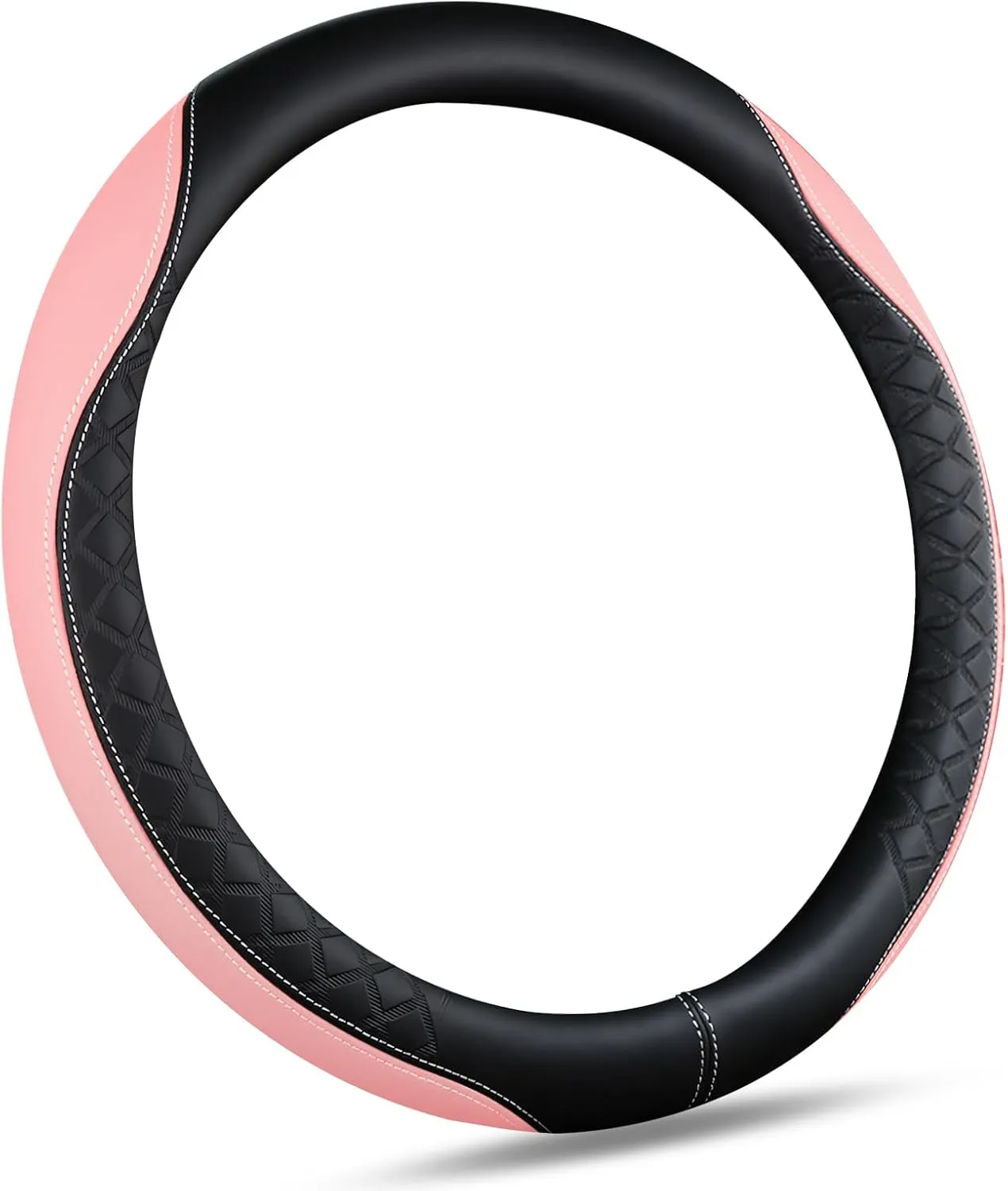 SuperKaKa Diamond Check Pattern Leather Car Steering Wheel Cover 2025- Universal Stylish & Comfortable PU Auto Protector Cars Interior Accessories for Women Men (Pink and Black)