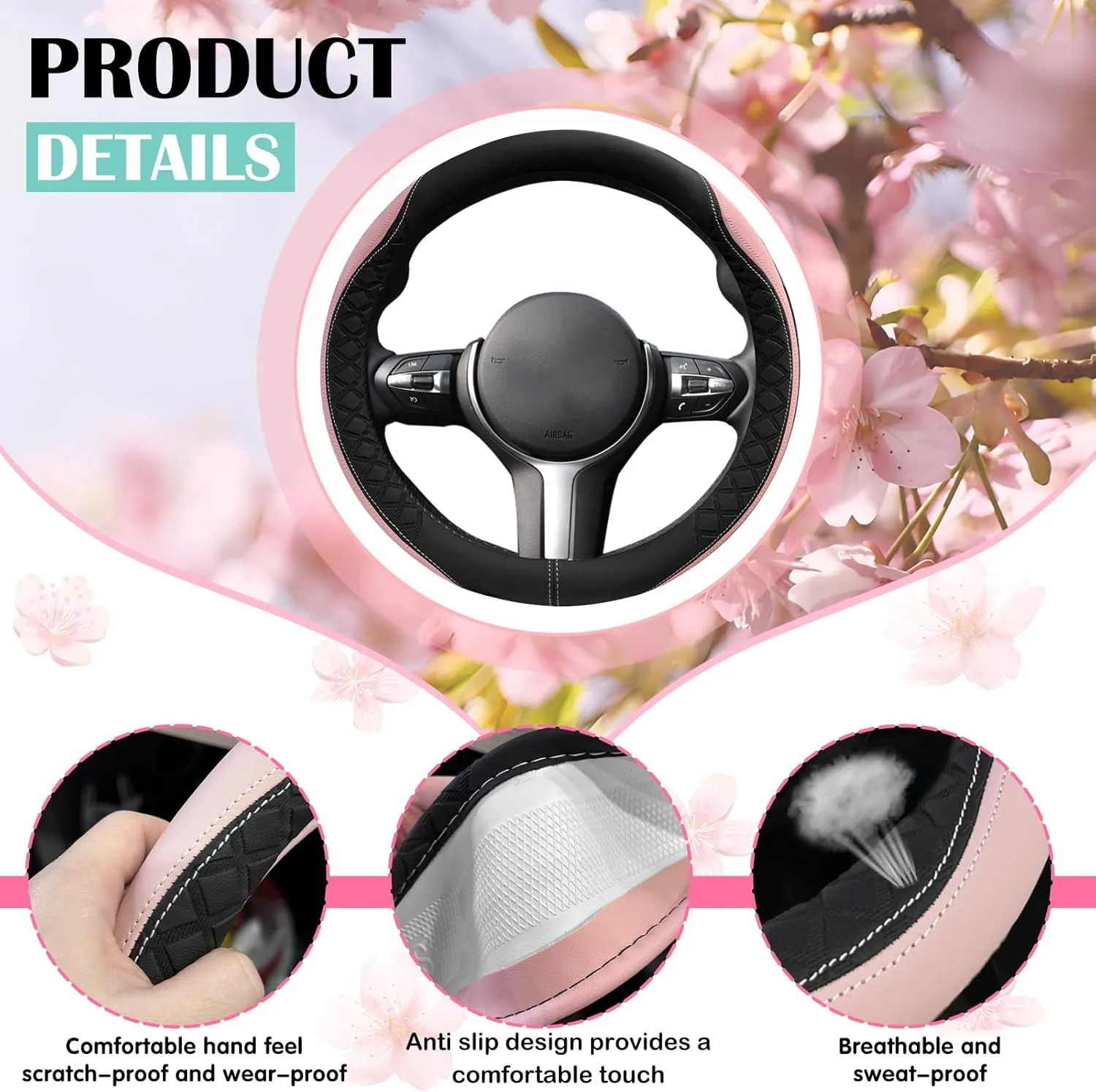 SuperKaKa Diamond Check Pattern Leather Car Steering Wheel Cover 2025- Universal Stylish & Comfortable PU Auto Protector Cars Interior Accessories for Women Men (Pink and Black)