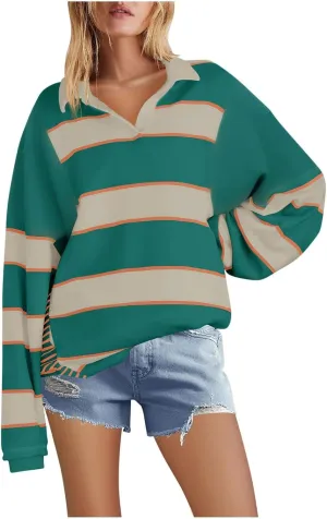 Sweatshirt For Womens Fashion Long Sleeve Striped Hoodies Collar Oversized Pullover Tops Fall outfits