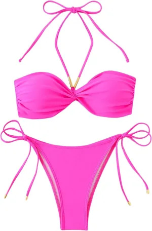 SweatyRocks Women's Halter Bikini Sets Twist Tie Backless Swimsuit Low Rise 2 Piece Bathing Suit