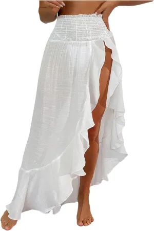 SweatyRocks Women's Sheer High Slit Ruffle Trim Bathing Suit Beach Cover up Skirt