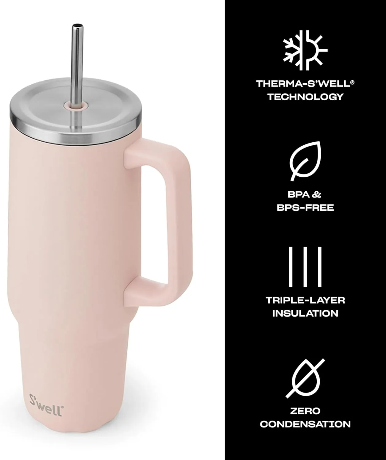 S'well Recycled Stainless Steel Tumbler XL with Straw and Handle, 40oz, Himalayan Salt, Triple Layered Vacuum Insulated Containers Keeps Drinks Cold for 50 hours and Hot for 10