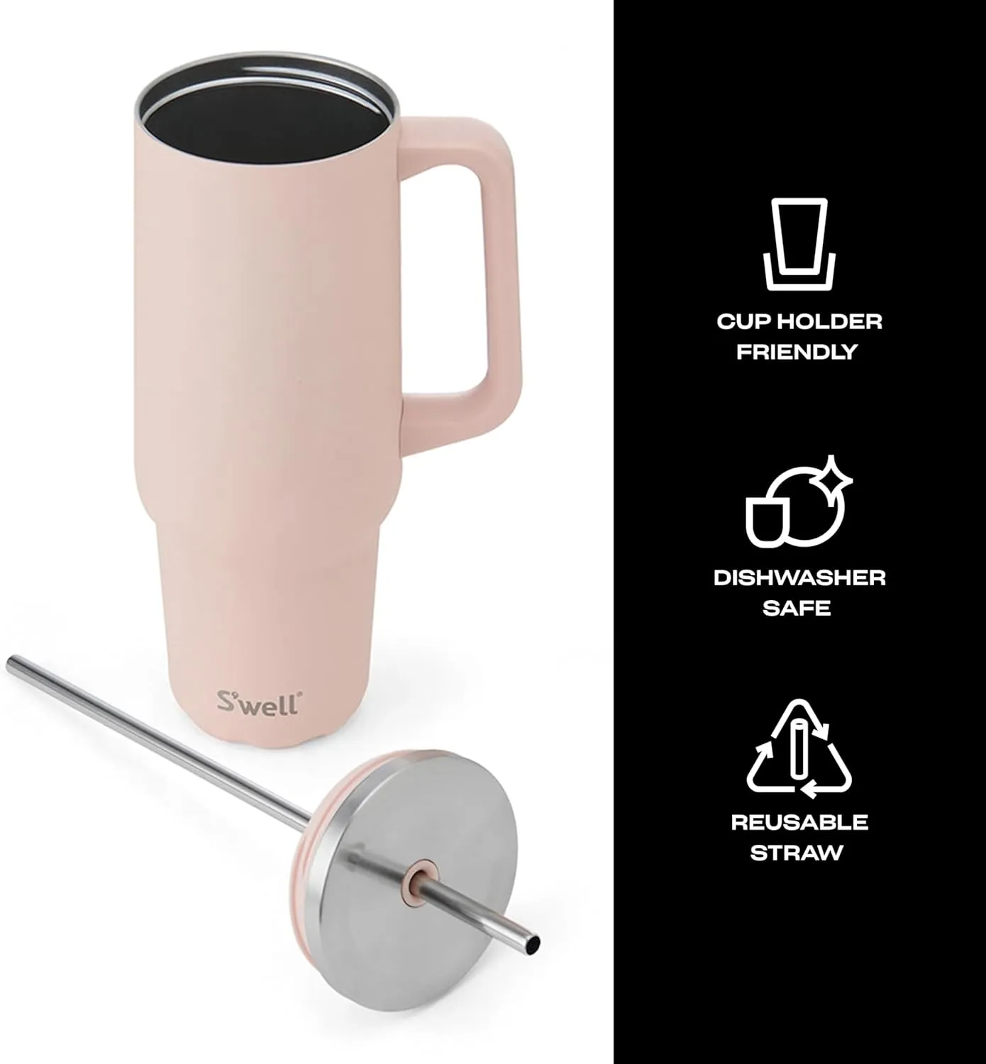 S'well Recycled Stainless Steel Tumbler XL with Straw and Handle, 40oz, Himalayan Salt, Triple Layered Vacuum Insulated Containers Keeps Drinks Cold for 50 hours and Hot for 10