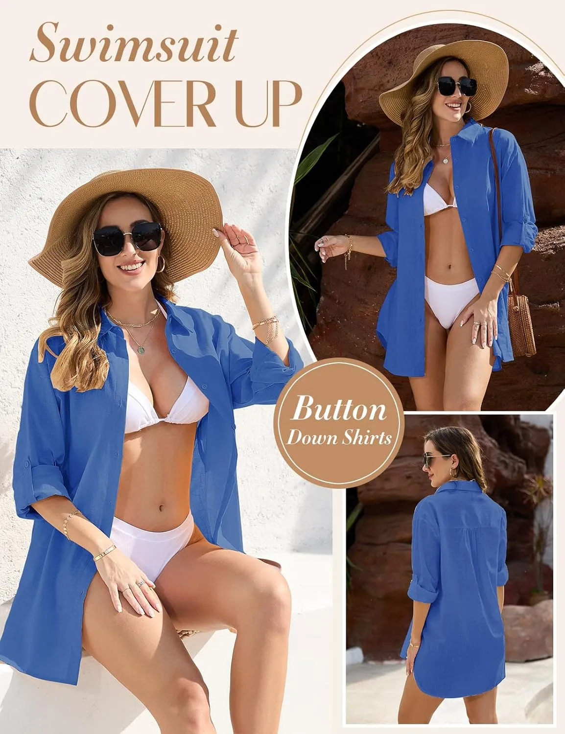 Swimsuit Coverup Womens Bathing Suit Cover Ups Beach Shirt Casual V Neck Button Down Shirt Bikini Swimwear Coverup