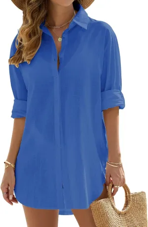 Swimsuit Coverup Womens Bathing Suit Cover Ups Beach Shirt Casual V Neck Button Down Shirt Bikini Swimwear Coverup