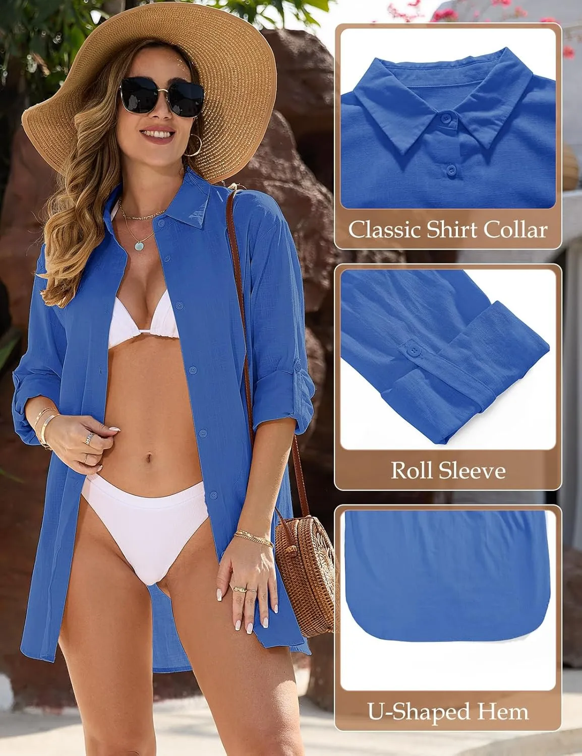 Swimsuit Coverup Womens Bathing Suit Cover Ups Beach Shirt Casual V Neck Button Down Shirt Bikini Swimwear Coverup