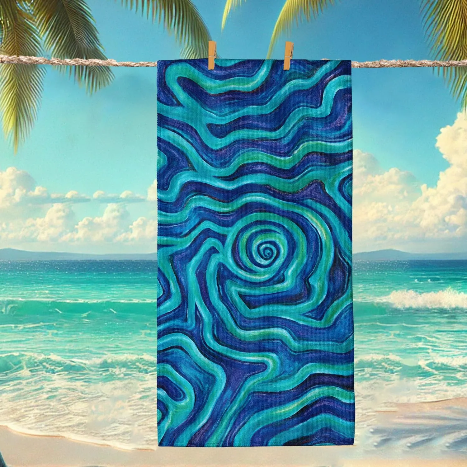 Swirling Waves Microfiber Beach Towel Blue Green Abstract Art Soft Lightweight Quick Dry Sand Free Pool Picnic Essentials 62x31 Inch
