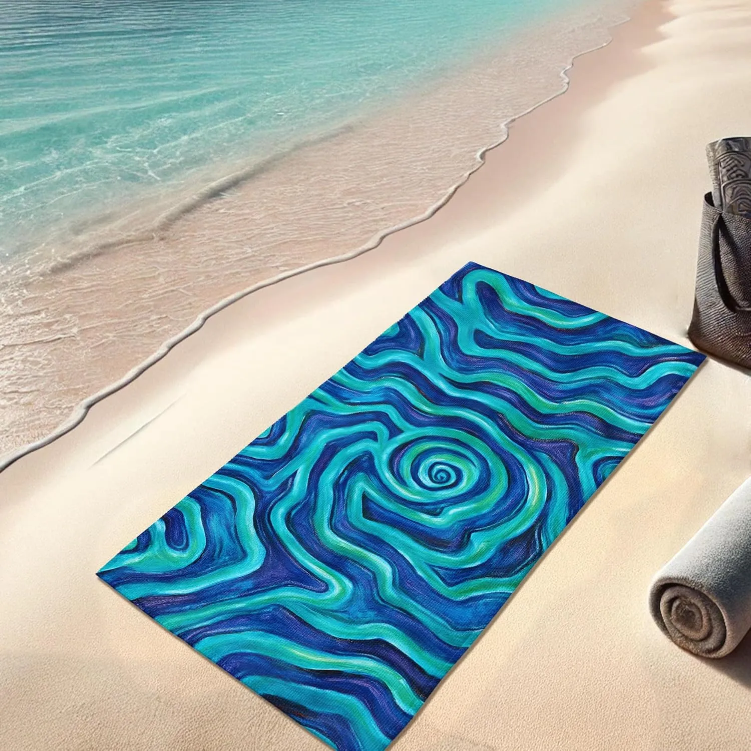 Swirling Waves Microfiber Beach Towel Blue Green Abstract Art Soft Lightweight Quick Dry Sand Free Pool Picnic Essentials 62x31 Inch