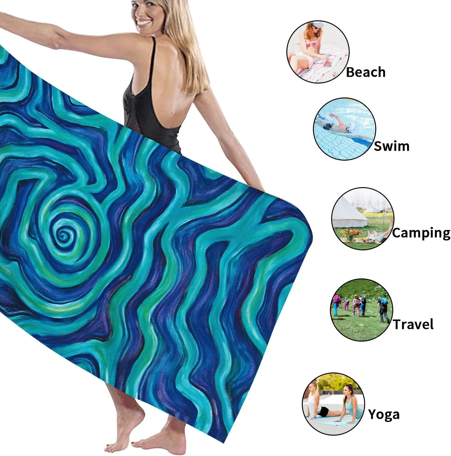 Swirling Waves Microfiber Beach Towel Blue Green Abstract Art Soft Lightweight Quick Dry Sand Free Pool Picnic Essentials 62x31 Inch