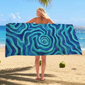Swirling Waves Microfiber Beach Towel Blue Green Abstract Art Soft Lightweight Quick Dry Sand Free Pool Picnic Essentials 62x31 Inch