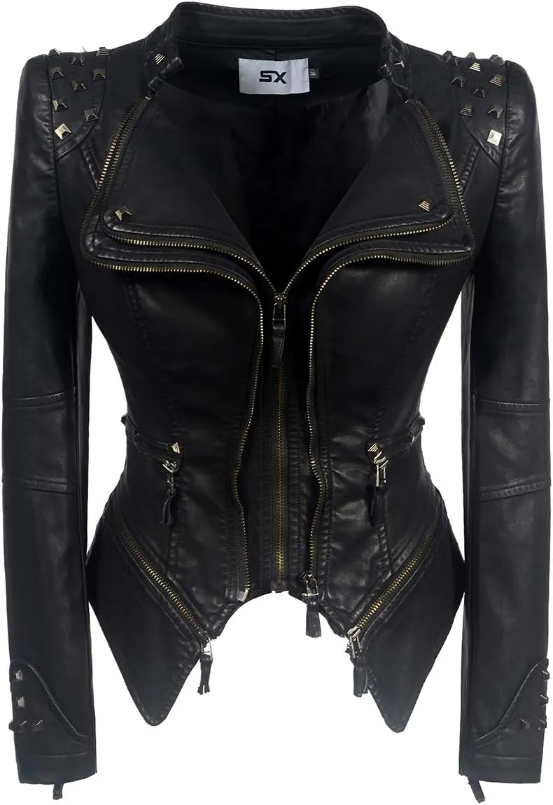 SX Women's Fashion Studded Perfectly Shaping Faux Leather Biker Jacket
