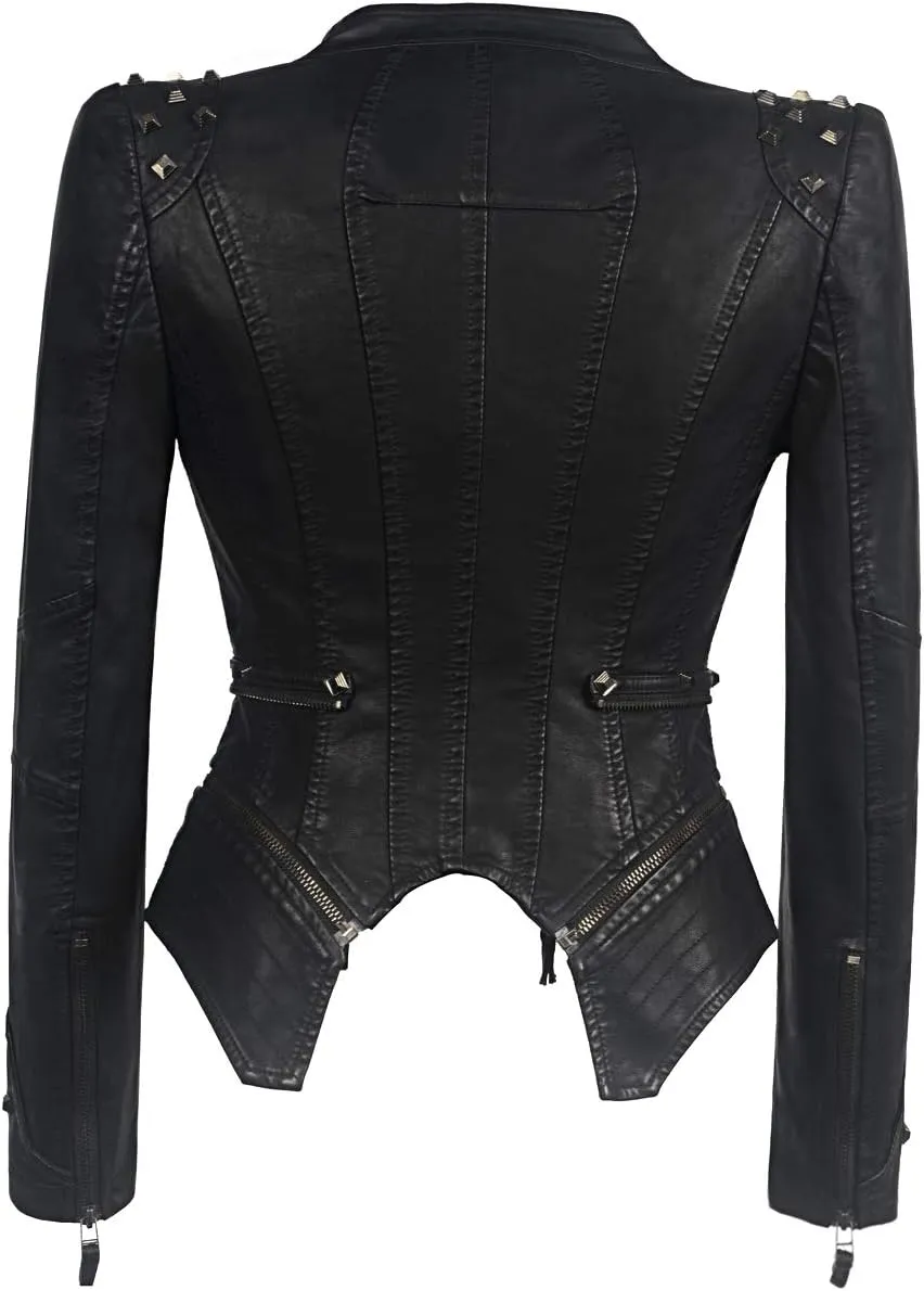 SX Women's Fashion Studded Perfectly Shaping Faux Leather Biker Jacket