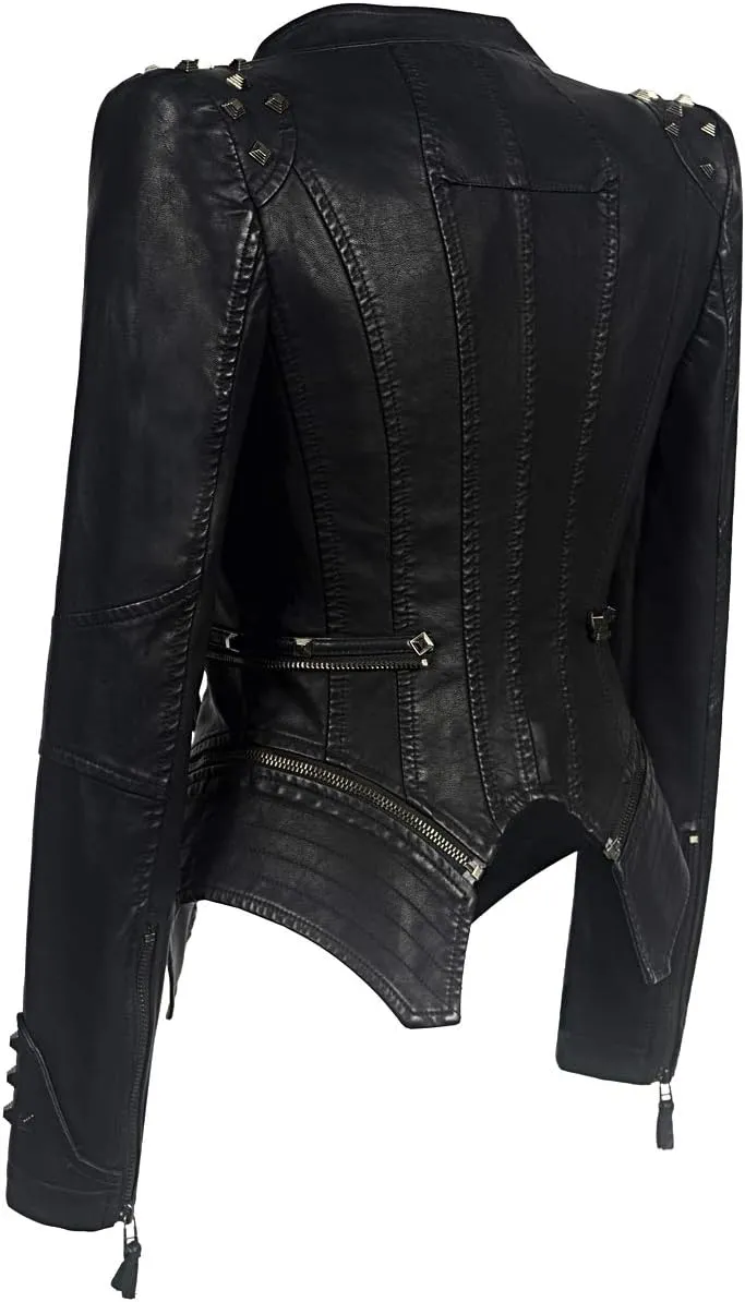 SX Women's Fashion Studded Perfectly Shaping Faux Leather Biker Jacket