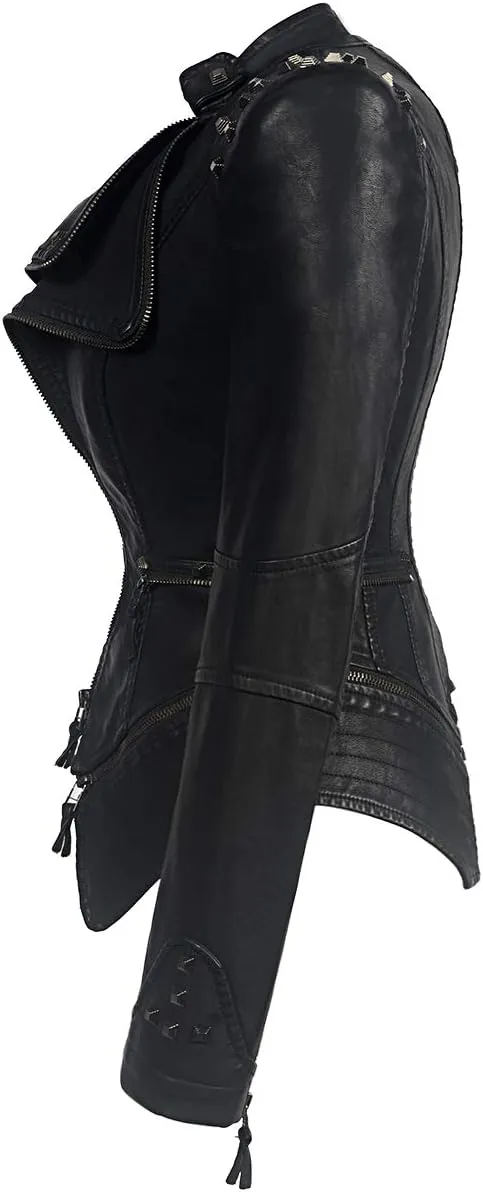 SX Women's Fashion Studded Perfectly Shaping Faux Leather Biker Jacket