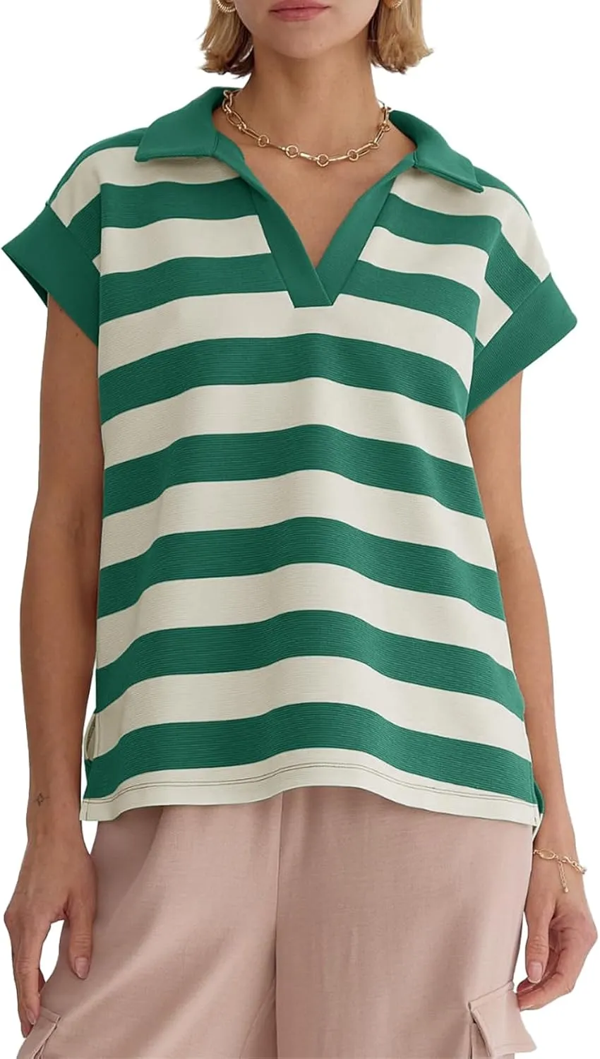Tankaneo Womens Oversized Short Sleeve Sweatshirt Summer V Neck Tops Casual Striped Polo Shirts Loose Fit Blouses