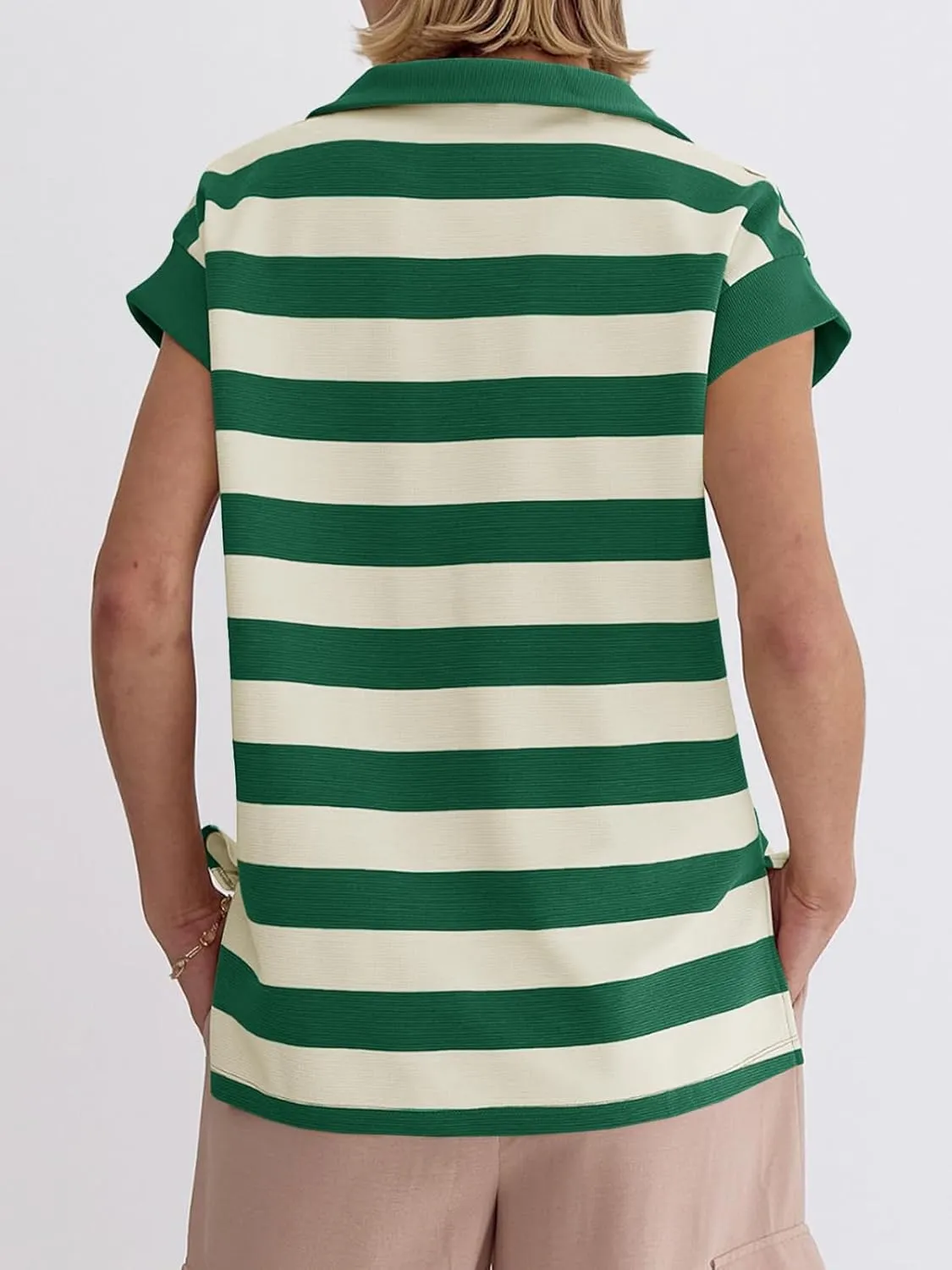 Tankaneo Womens Oversized Short Sleeve Sweatshirt Summer V Neck Tops Casual Striped Polo Shirts Loose Fit Blouses
