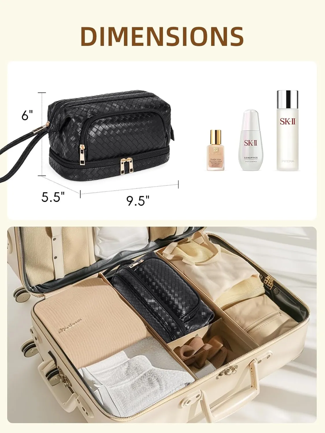 Telena Makeup Bag Large Capacity Travel Cosmetic Bags Double Layer Portable Leather Make Up Bag for Women (Black - Woven)