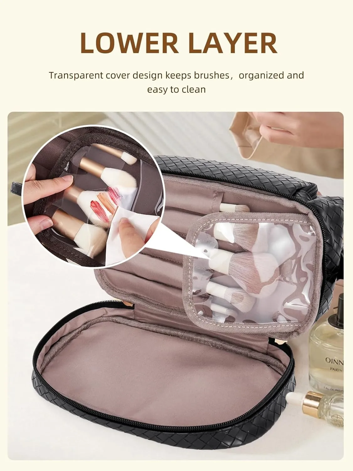 Telena Makeup Bag Large Capacity Travel Cosmetic Bags Double Layer Portable Leather Make Up Bag for Women (Black - Woven)