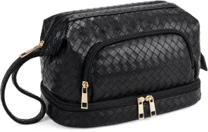 Telena Makeup Bag Large Capacity Travel Cosmetic Bags Double Layer Portable Leather Make Up Bag for Women (Black - Woven)
